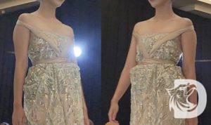 Jenna Sarita tampilkan fashion drapping kain D'Fashion Textile and Tailor, desain dari Alben Ayun Andal